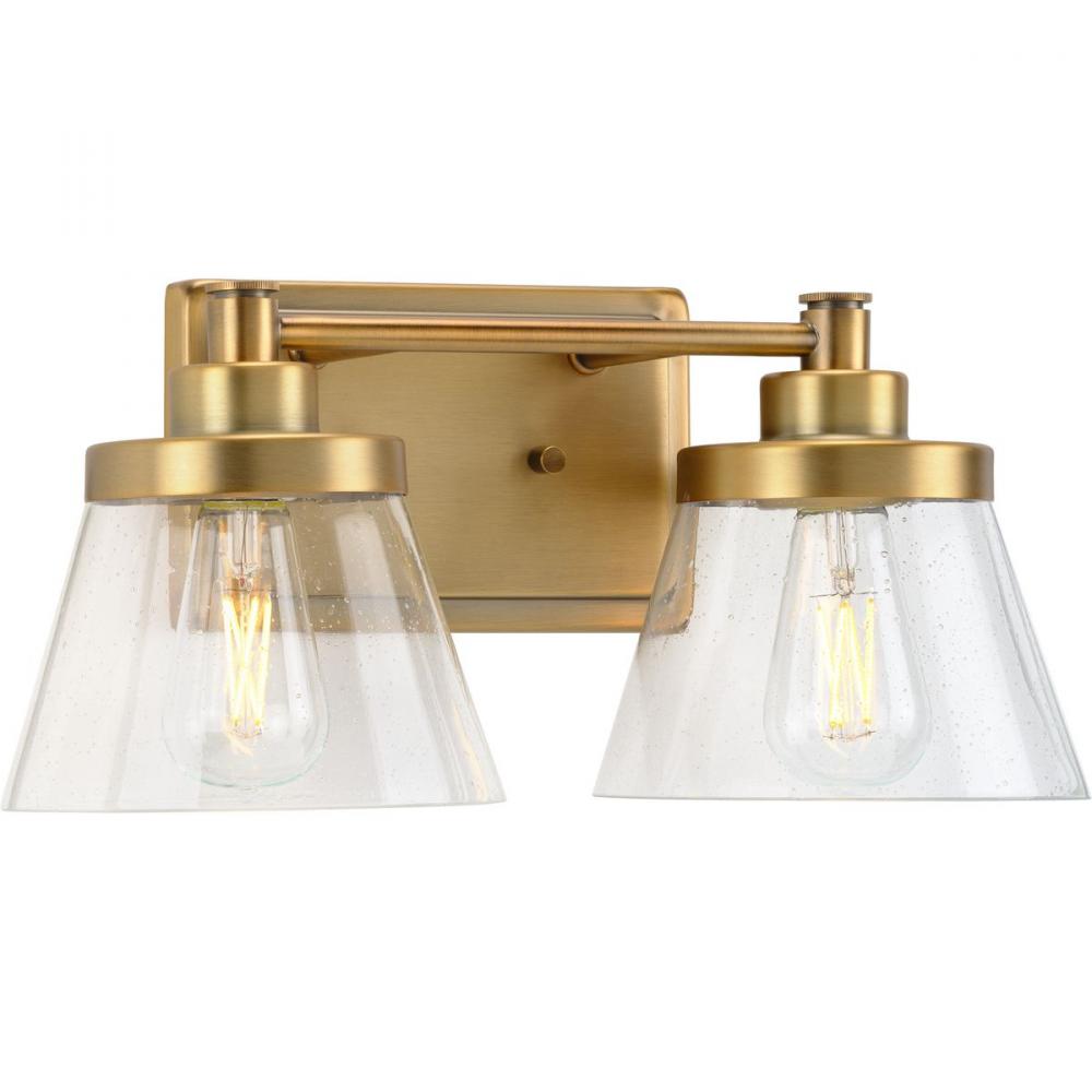 Hinton Collection Two-Light Vintage Brass Clear Seeded Glass Farmhouse Bath Vanity Light