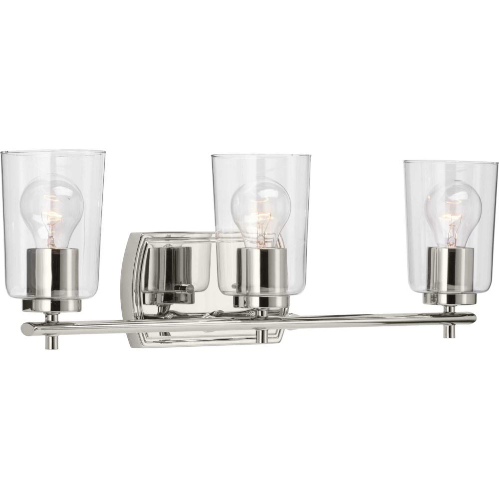 Adley Collection Three-Light Polished Nickel Clear Glass New Traditional Bath Vanity Light