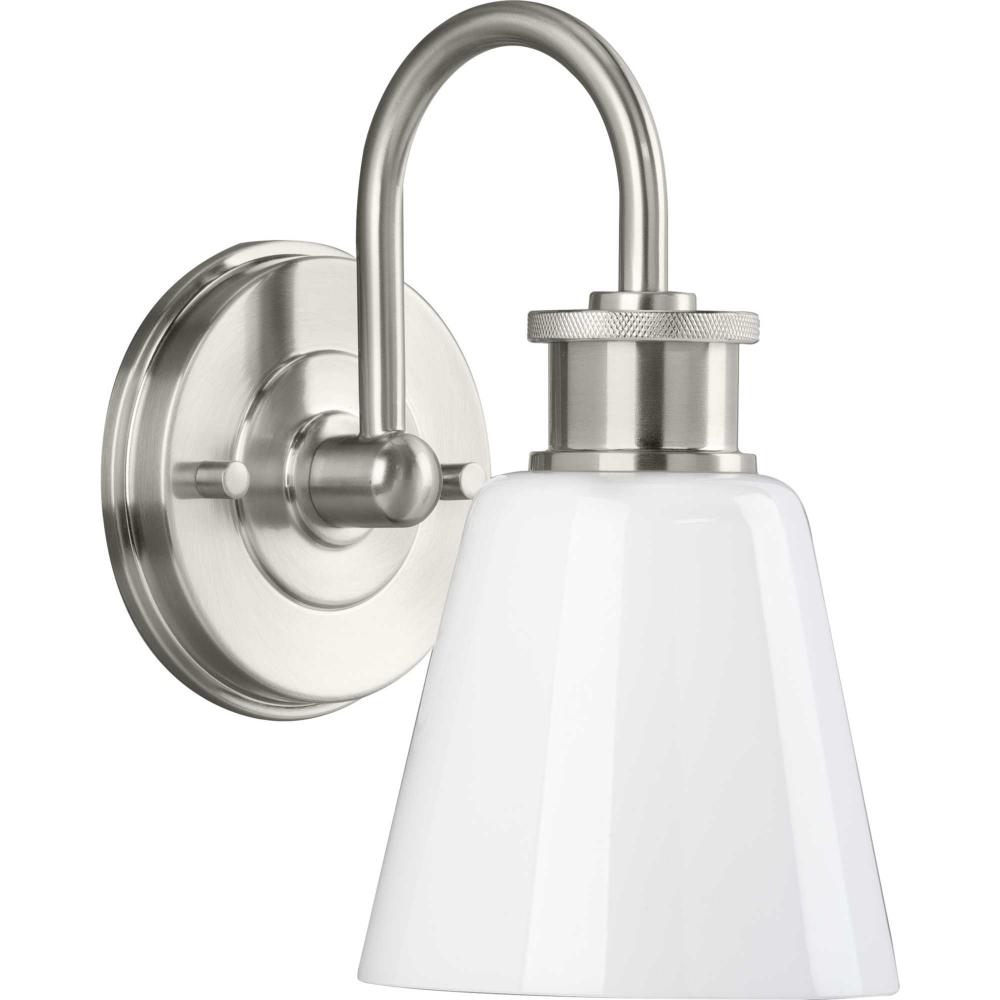 Ashford Collection One-Light Brushed Nickel and Opal Glass Farmhouse Style Bath Vanity Wall Light