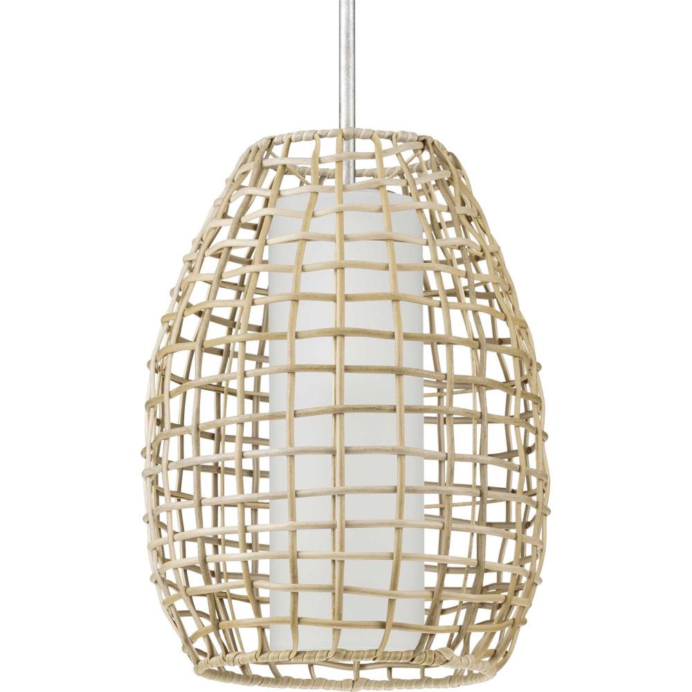 Pawley Collection One-Light Galvanized and Natural Rattan Indoor/Outdoor Hanging Pendant Light