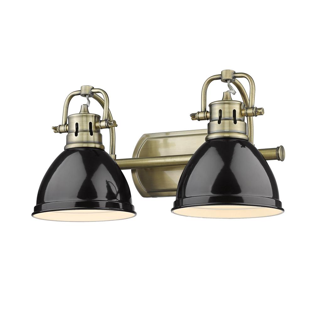 Duncan 2 Light Bath Vanity in Aged Brass with Black Shades