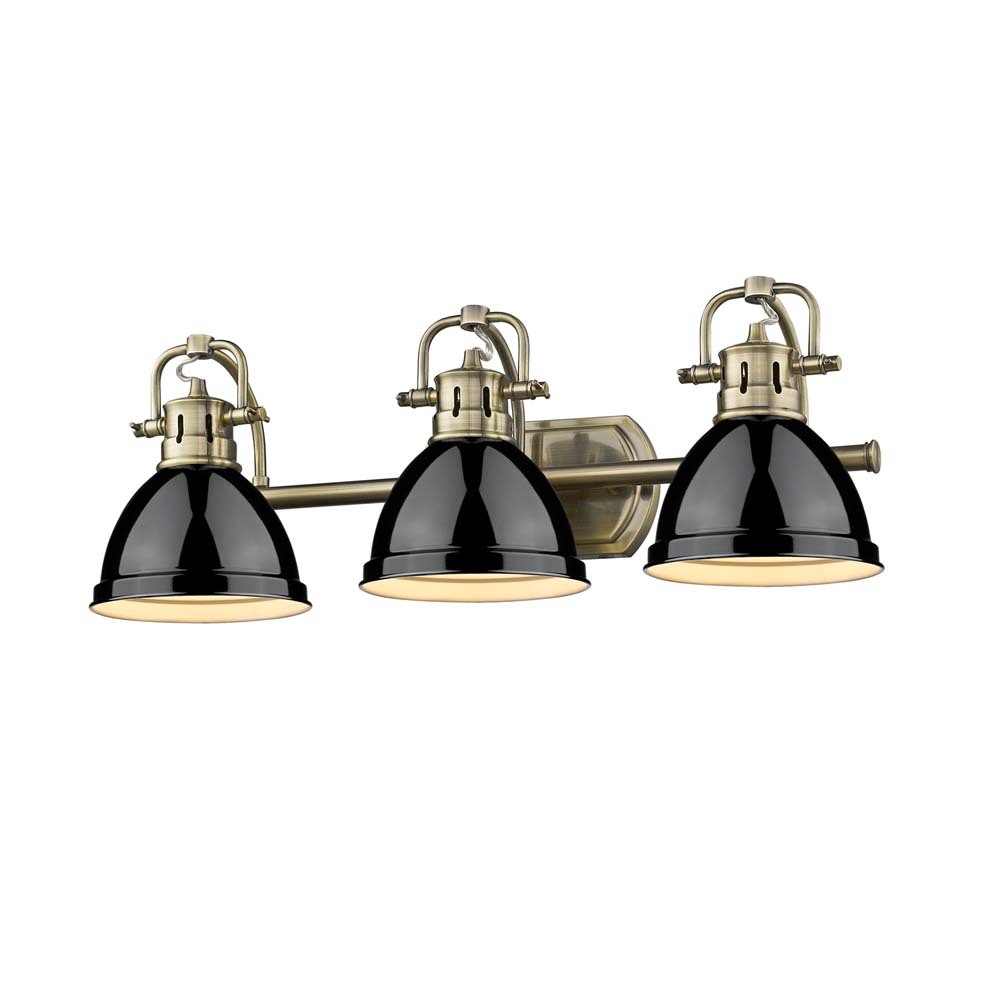 Duncan 3 Light Bath Vanity in Aged Brass with a Black Shade
