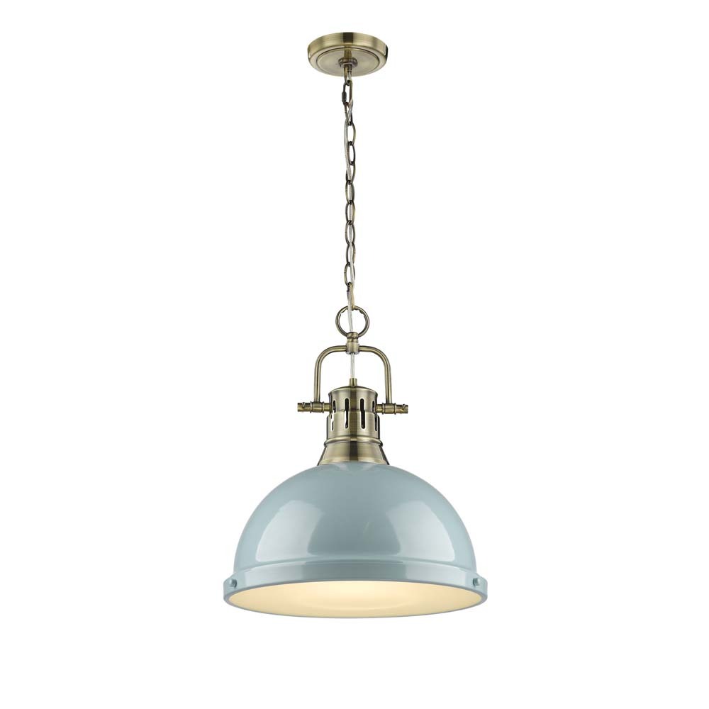 Duncan 1 Light Pendant with Chain in Aged Brass with a Seafoam Shade