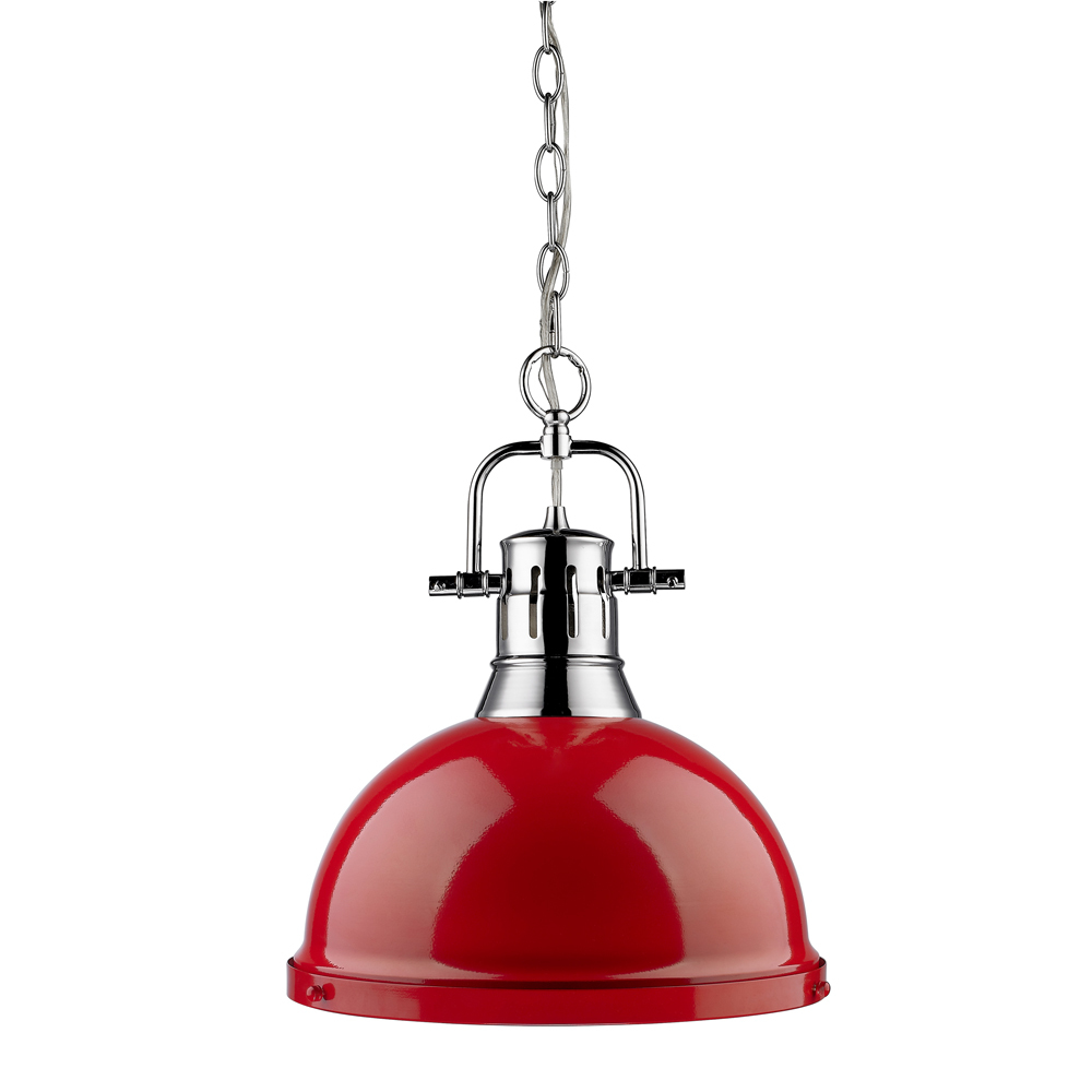 Duncan 1 Light Pendant with Chain in Chrome with a Red Shade