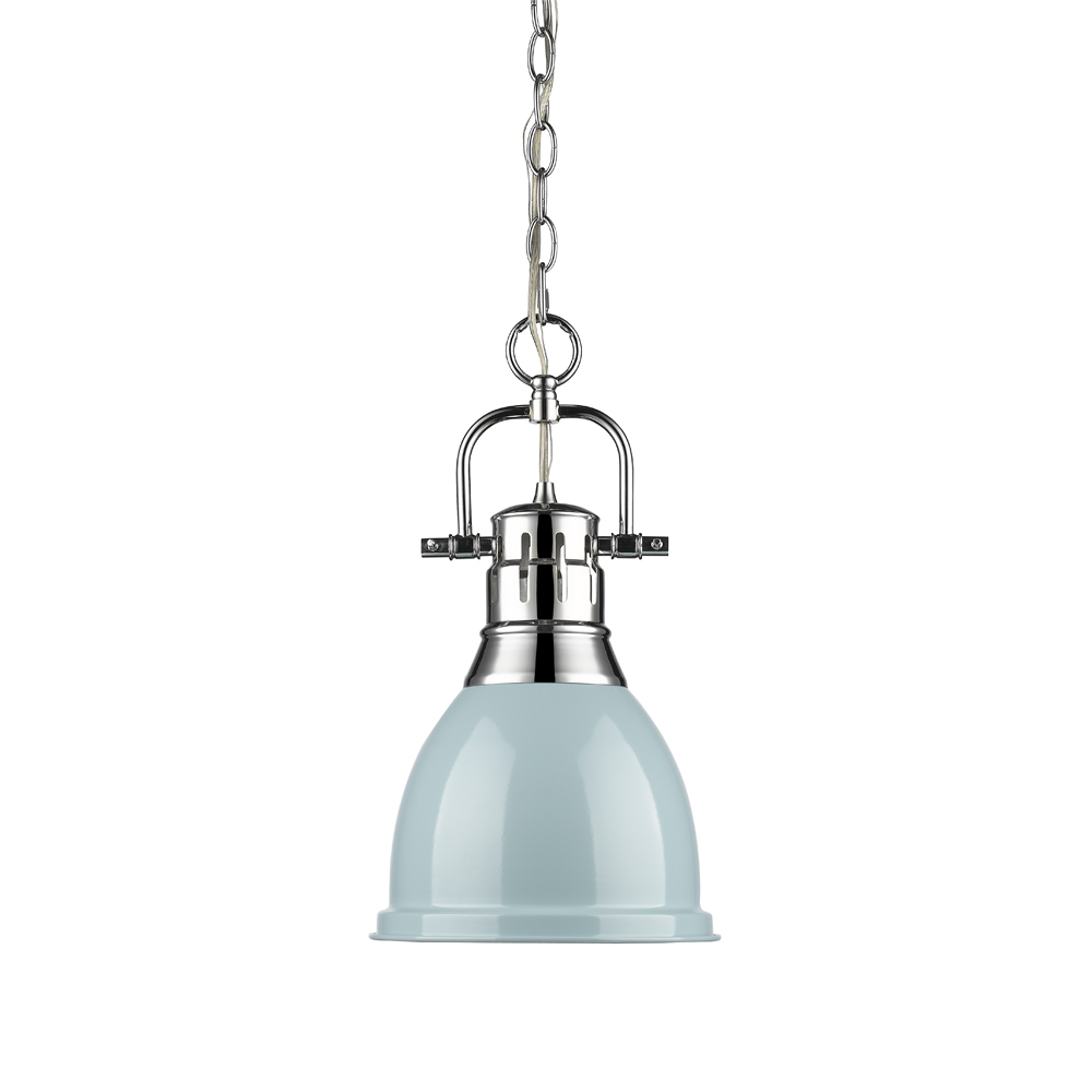 Duncan Small Pendant with Chain in Chrome with a Seafoam Shade