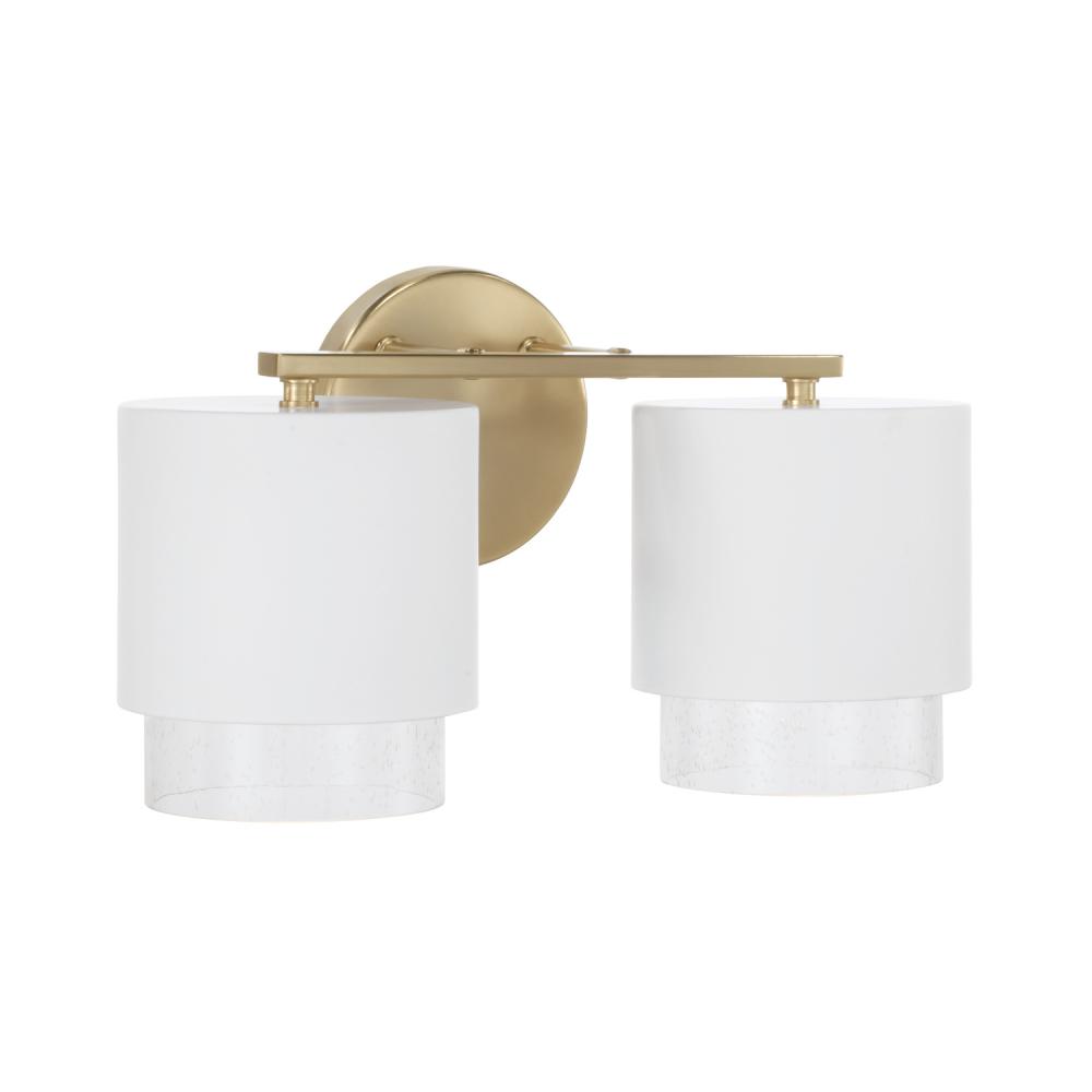 2-Light Cylindrical Metal Vanity in Matte White with Matte Brass Interior and Seeded Glass