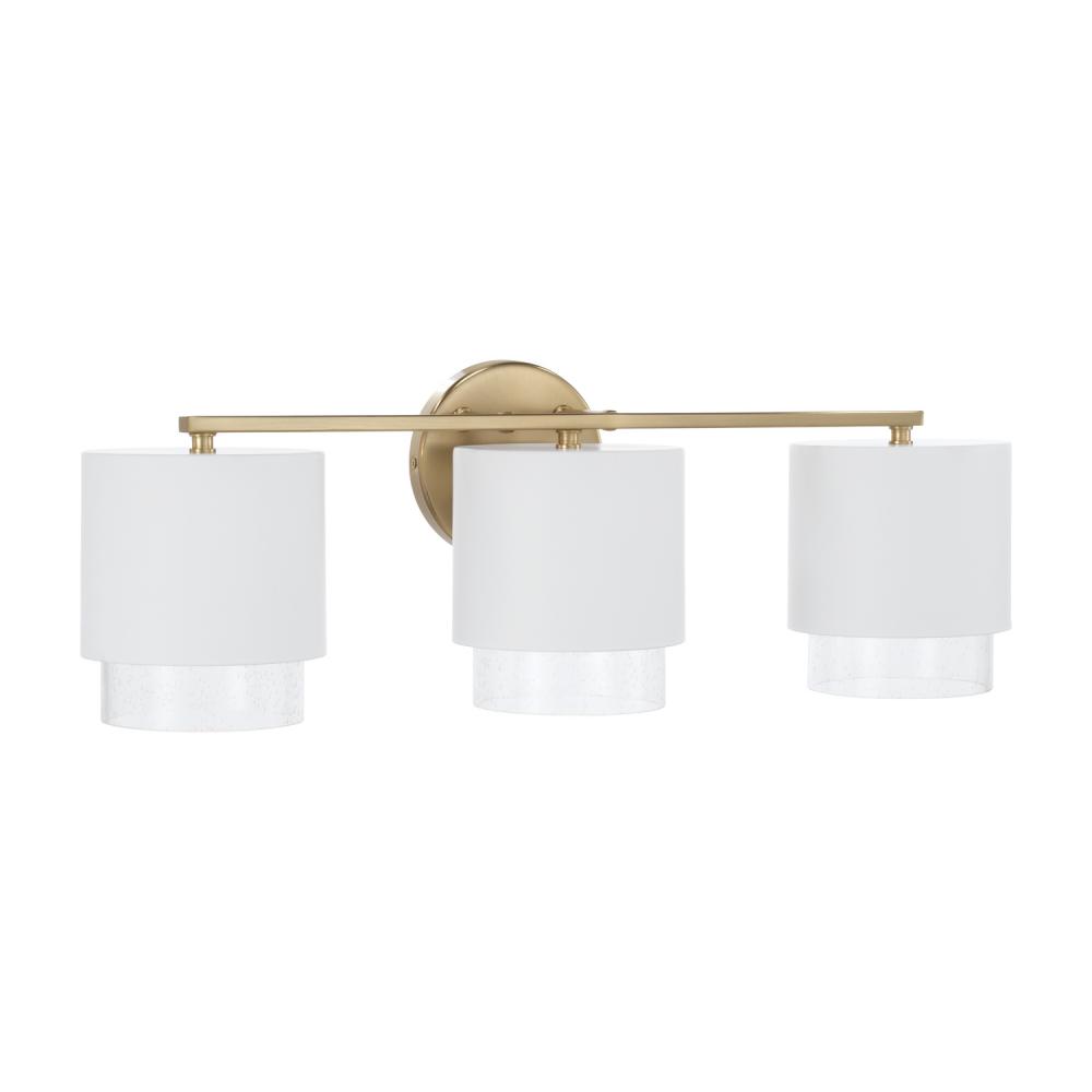 3-Light Cylindrical Metal Vanity in Matte White with Matte Brass Interior and Seeded Glass
