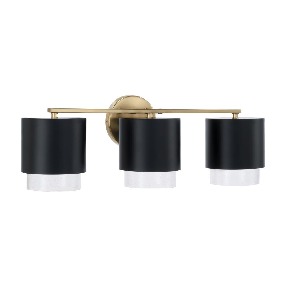 3-Light Cylindrical Metal Vanity in Matte Black with Matte Brass Interior and Seeded Glass