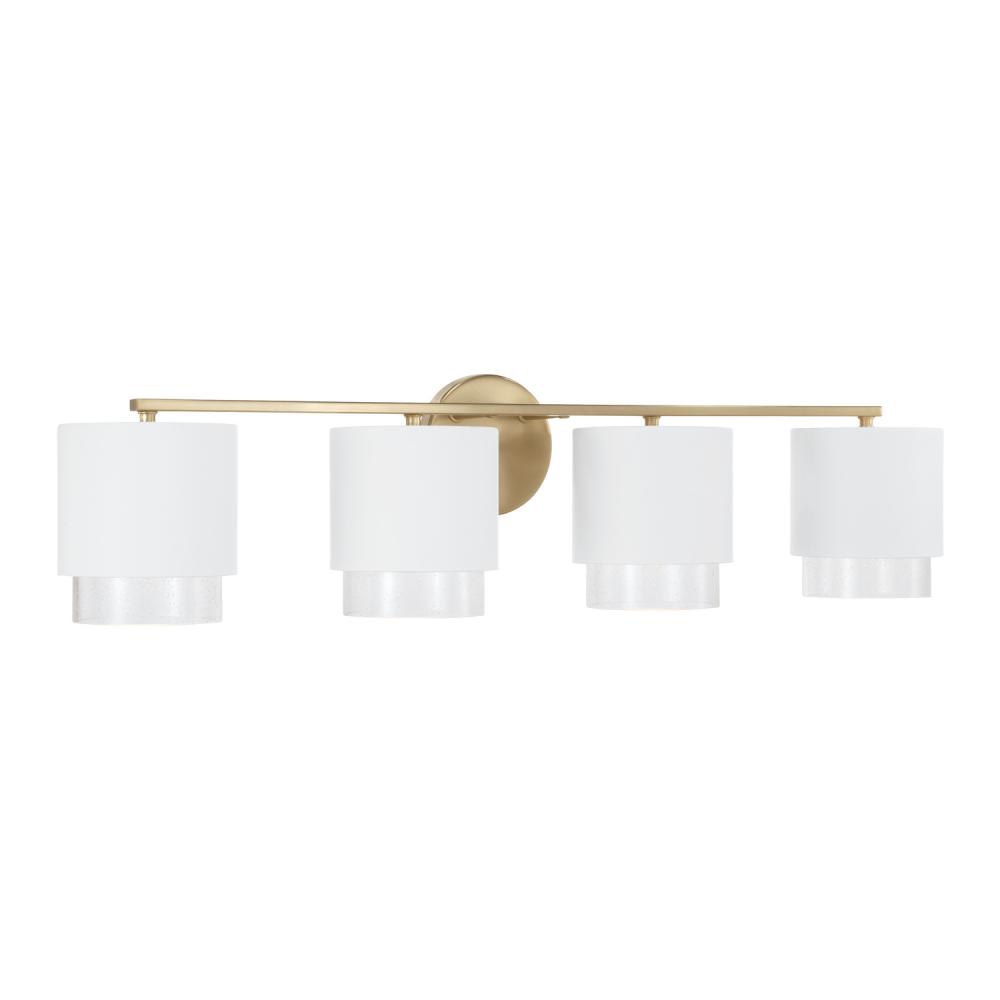 4-Light Cylindrical Metal Vanity in Matte White with Matte Brass Interior and Seeded Glass