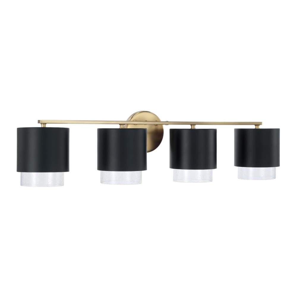 4-Light Cylindrical Metal Vanity in Matte Black with Matte Brass Interior and Seeded Glass