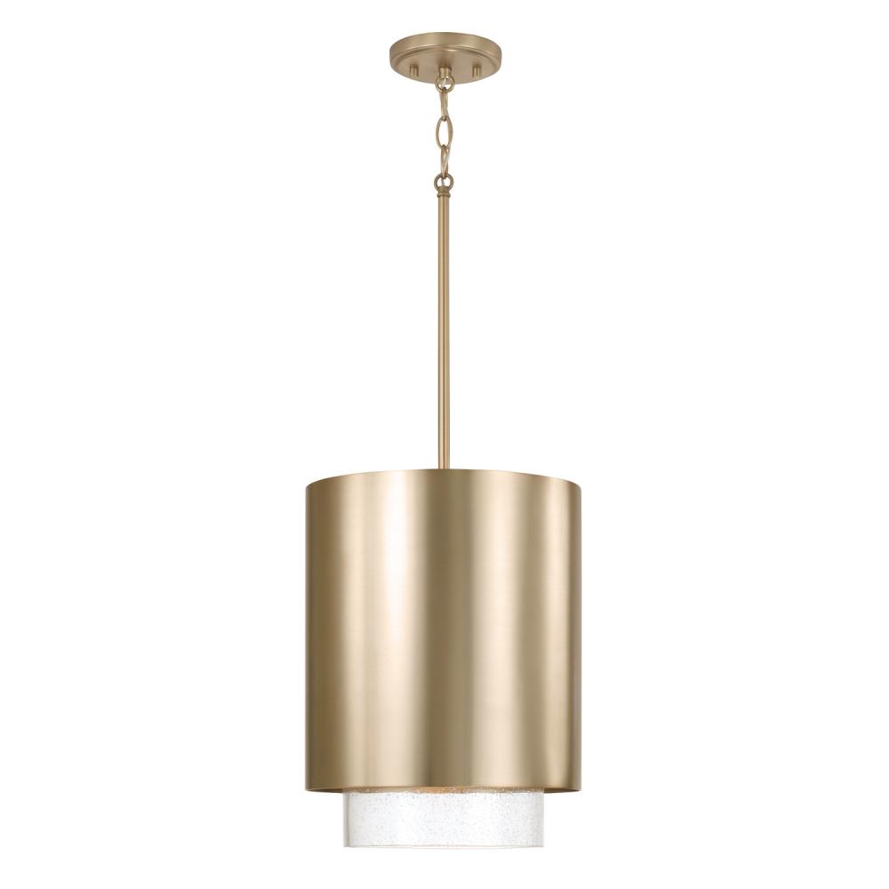 1-Light Cylindrical Metal Pendant in Matte Brass with Seeded Glass