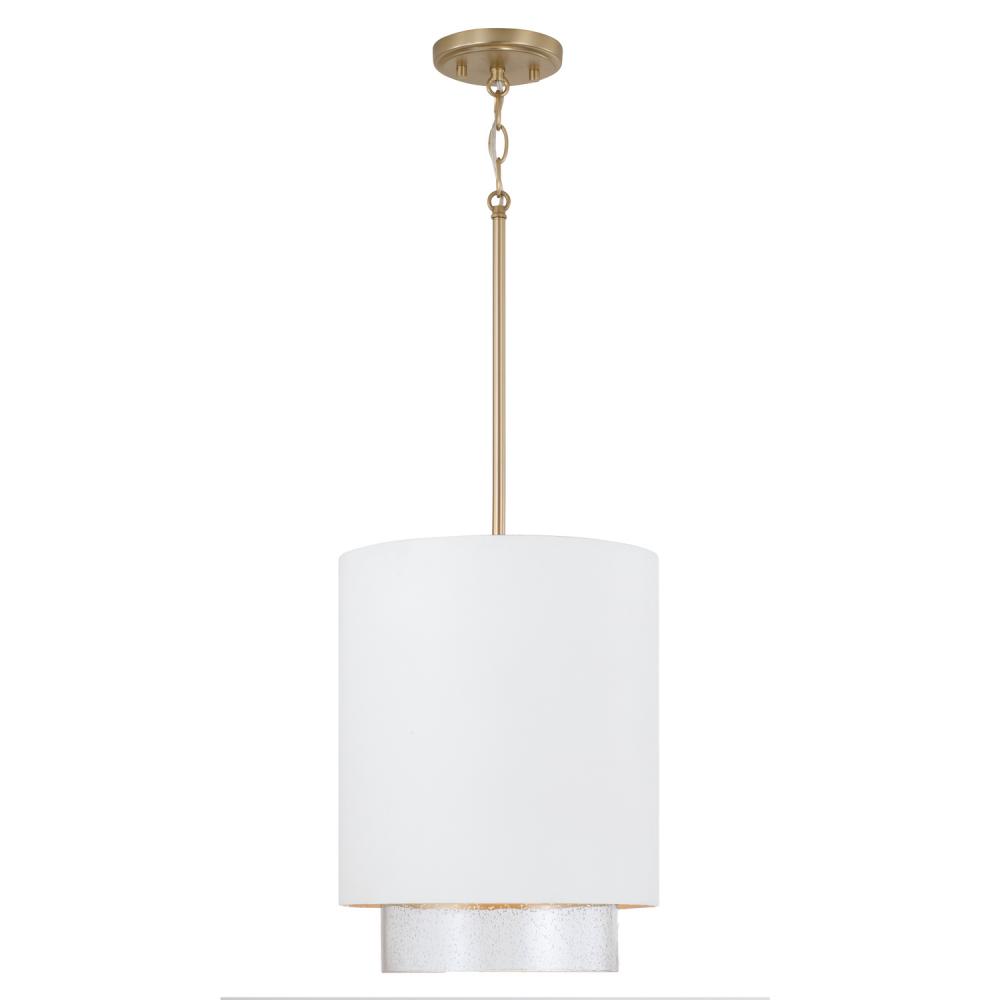 1-Light Cylindrical Metal Pendant in Matte White with Matte Brass Interior and Seeded Glass