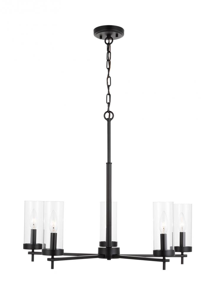 Zire dimmable indoor LED 5-light chandelier in a midnight black finish with clear glass shades
