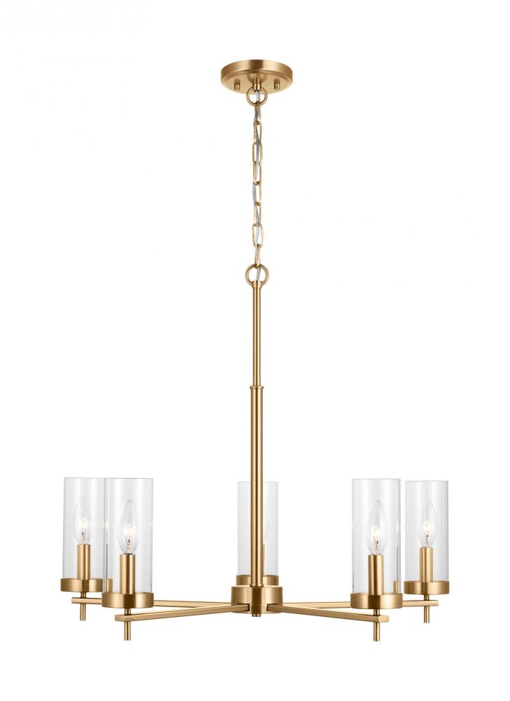 Zire dimmable indoor LED 5-light chandelier in a satin brass finish with clear glass shades