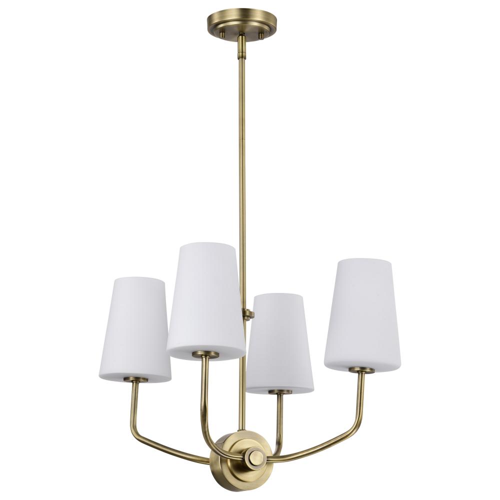 Cordello 4 Light Chandelier; Vintage Brass Finish; Etched White Opal Glass